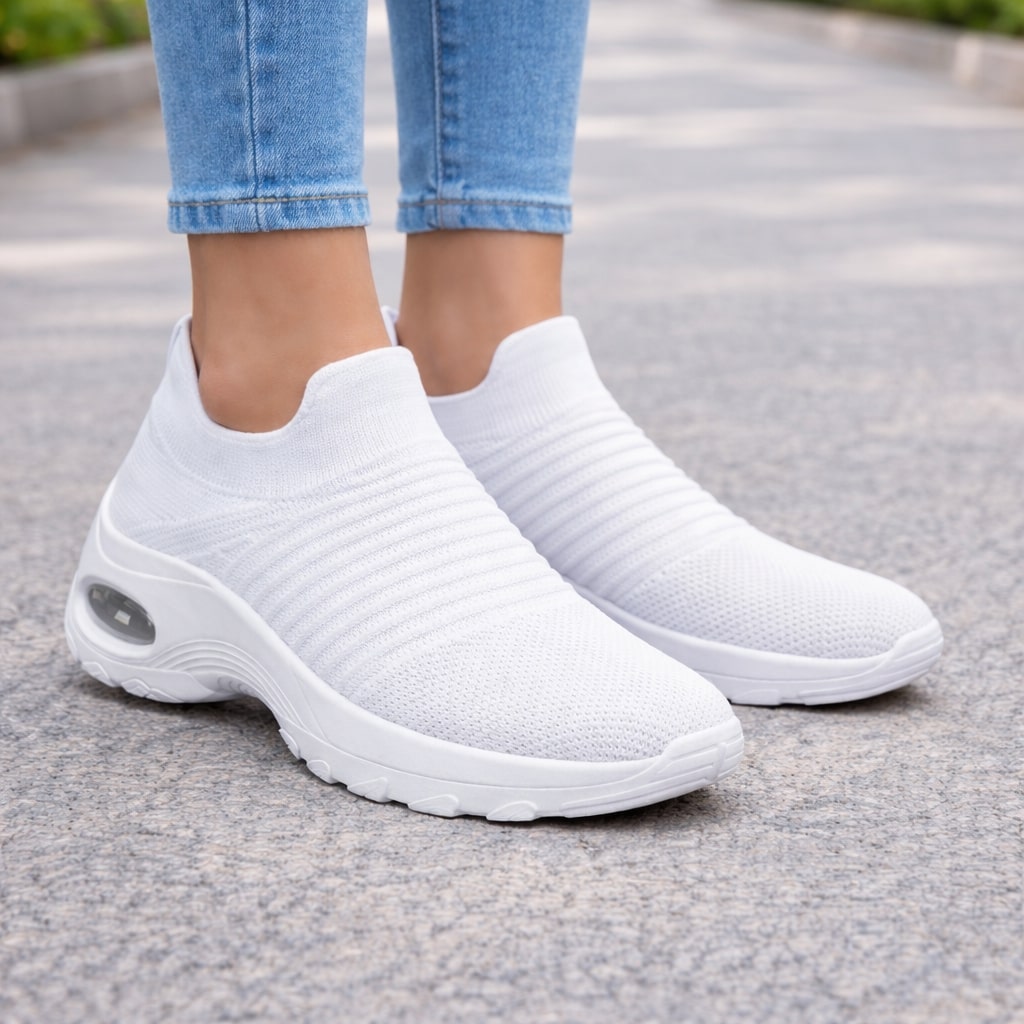 Slow Man women's slip-on walking shoes with mesh upper and air cushion platform sole thumbnail